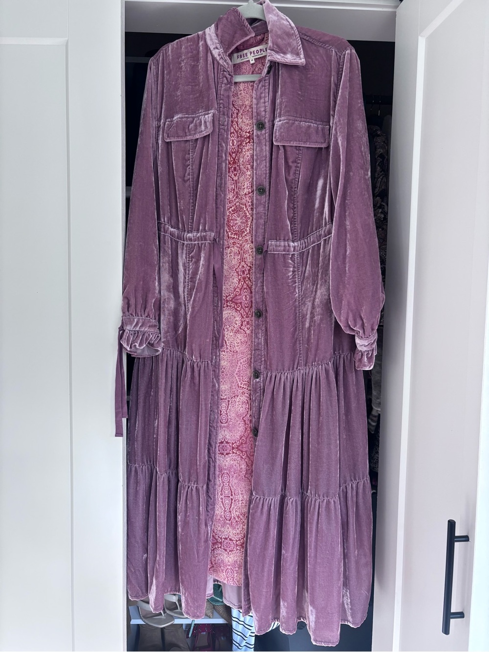Free People Dusty Mauve Velvet Tiered Button-Front Maxi Dress